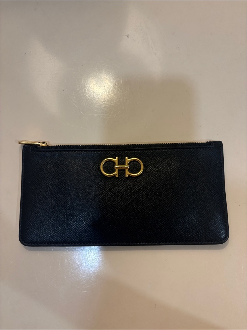 Salvatore Ferragamo Black Leather Zip Card Holder / Wallet